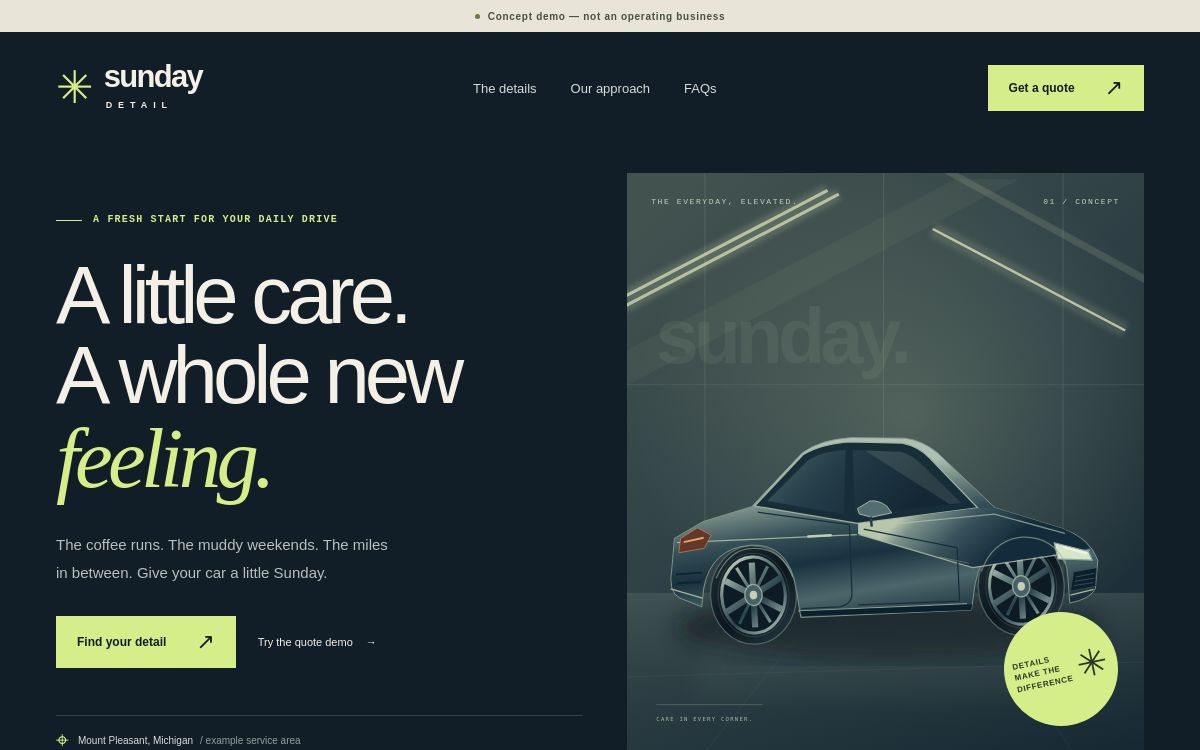 Sunday Detail concept website with a dark navy background, lime accents and an illustrated coupe